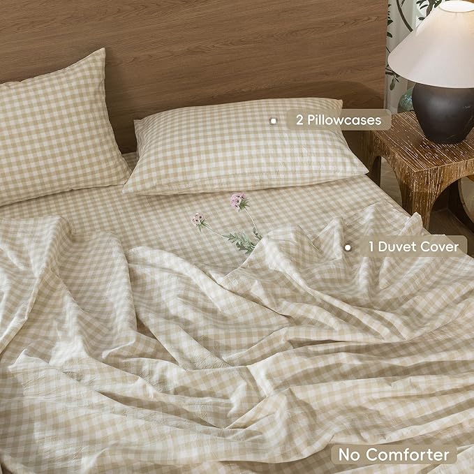 MooMee Gingham Duvet Cover Set 100% Washed Cotton Linen Like Textured Breathable Durable Soft Comfy Modern Checkered Design (Almond Milk Grey Gingham, Palatial King/Oversized King 120"x98")