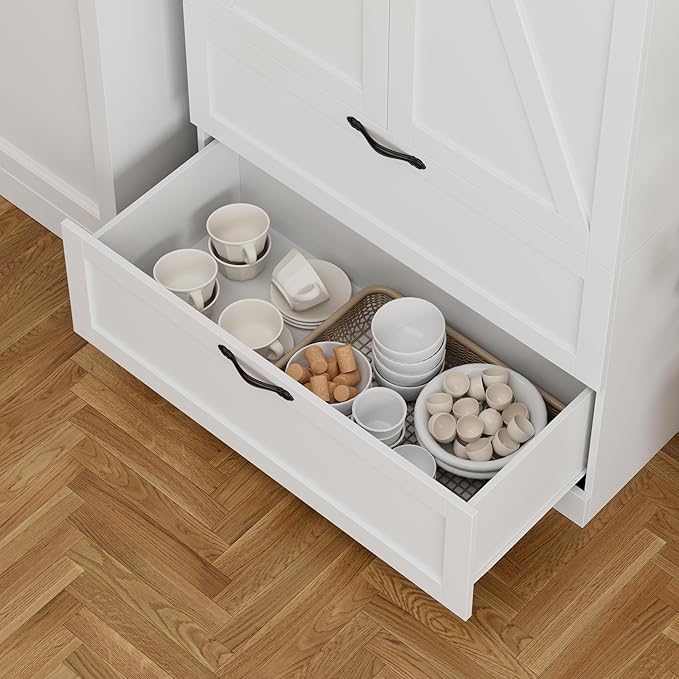 HOSTACK 70" Tall Kitchen Pantry Storage, Barn Doors Pantry Cabinet with Drawers and Adjustable Shelf, Modern Farmhouse Storage Cabinet for Kitchen, Dining Room, Living Room, Bathroom, White