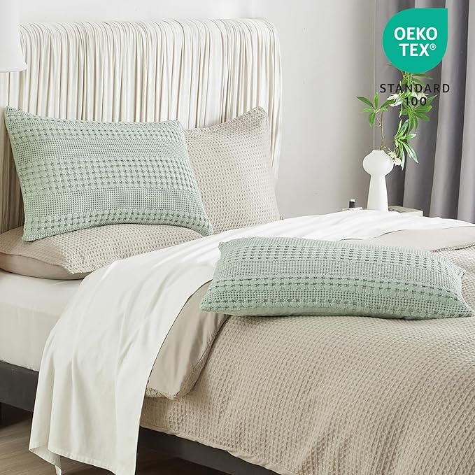 PHF 100% Cotton Waffle Pillow Shams Queen Size, 2 Pack 20" x 30" Soft Skin-Friendly Pillowcases, No Filling, Aesthetic Woven and Breathable Waffle Weave Pillow Case Covers for Bed, Sage Green