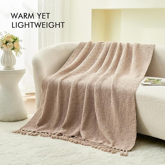 lifein Throw Blanket for Couch - Boho Throw Blanket, Knit Woven Blanket, Soft Decorative Blankets&Throws with Tassels for Bed,Sofa,Chair,Home Decor (Beige, 50 * 60, Waffle)