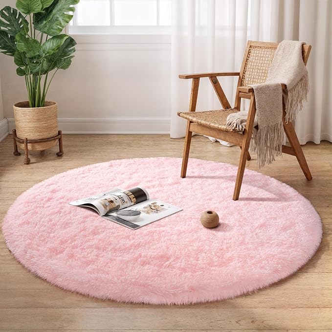 Pink Round Rug for Bedroom, 4Ft Fluffy Circle Area Rugs for Living Room, Shag Fuzzy Carpet for Kids Room, Nursery, Dorm, Classroom, Teen, Cute Baby Play Mat Home Decor Aesthetic