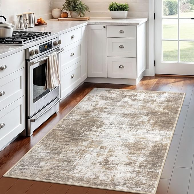 IOHOUZE Abstract Area Rug 4x6 Ft Washable Rugs for Entryway Indoor, Non Slip Small Living Room Rugs Printed Faux Wool Throw Rug, Floor Carpet for Kitchen Nursery Playroom, Beige Brown