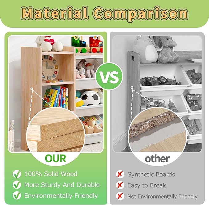 MallBest 4-Tier Kids' Toy Storage Organizer Shelf - 100% Solid Wood,Children's Storage Cabinet with 9 Plastic Bins and and 3 Storage Ports (Varnish-Single Color)