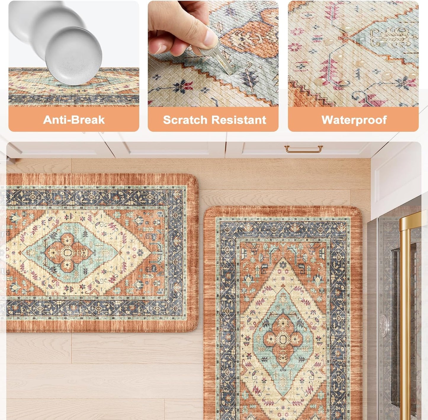 KIMODE Anti Fatigue Kitchen Mat 20"x47"+20"x32", Boho Distressed Kitchen Rugs Sets of 2, Kitchen Mats for Floor Cushioned Non Slip, Comfort Kitchen Floor Mats for Sink, Laundry, Desk Orange