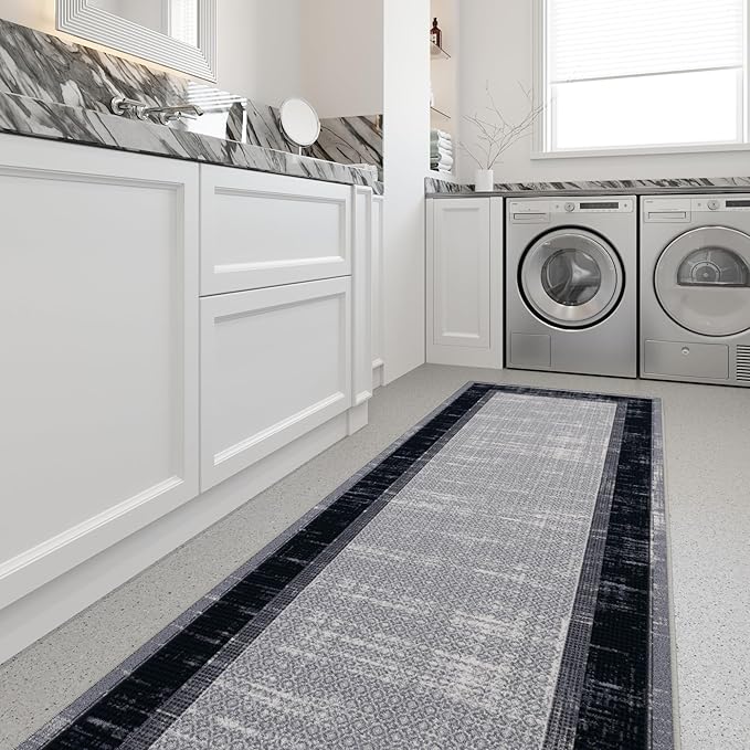 Ottomanson Hallway Runner Rug 2'7" x 9'10" Non Slip Border Area Rugs Easy to Clean Laundry Rug Runner Durable & Pet Friendly Floor Carpet Runners for Hallways Entryway Living Room Kitchen, Gray/Navy