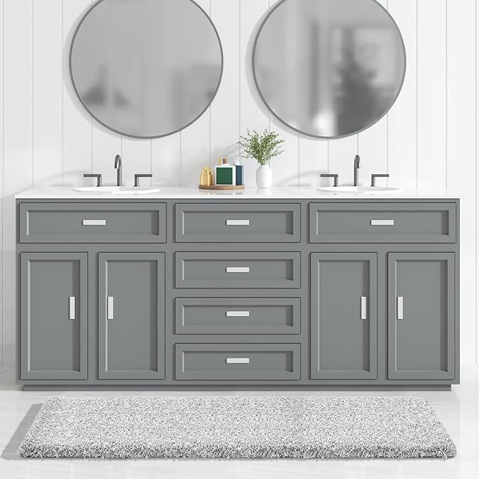Yimobra Luxury Bathroom Rugs, Fluffy Bath Mats, Non Slip, Water Absorbent Microfiber, Machine Washable, Plush Runner Shower Rugs, Thick Matts for Bathroom Floor&Tub, 60"x 24", Light Gray and White