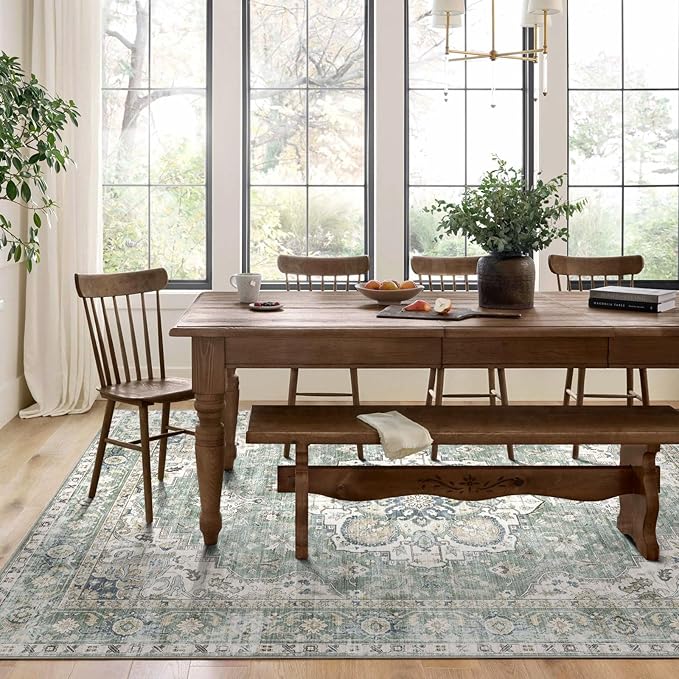 Washable Area Rug 8x10 - Large Sage Green Boho Rugs for Living Room Soft Vintage Bedroom Rug Ultra-Thin Distressed Oriental Carpet Stain Resistant Rug for Dining Room Guest Room Home Decor