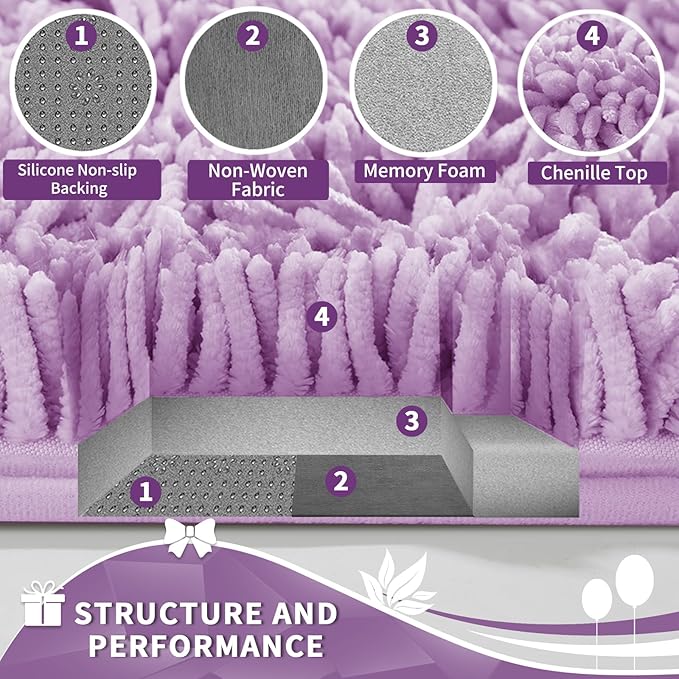 Yimobra Toilet Rugs U Shaped Washable, Extra Thick Soft Absorbent Chenille Contour Bathroom Rugs for Toilet 24x24 Inch, Quick Dry Non Slip Toilet Mat for Bath Floor, Lilac