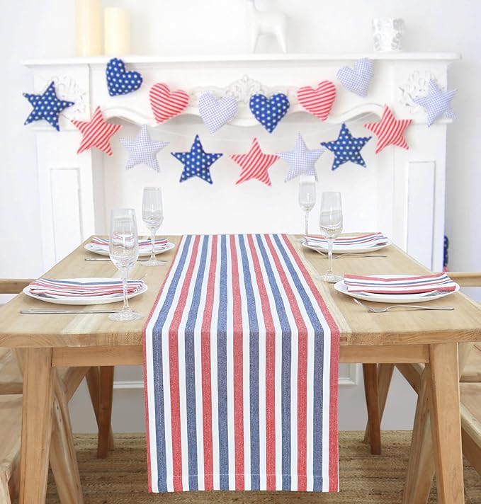PurpleEssences 4th of July Striped Table Runner 90 inches Long Stripe Runner 14 x 90 Inch 100% Cotton - Durable Washable Fabric - Labor Day - Red Blue White