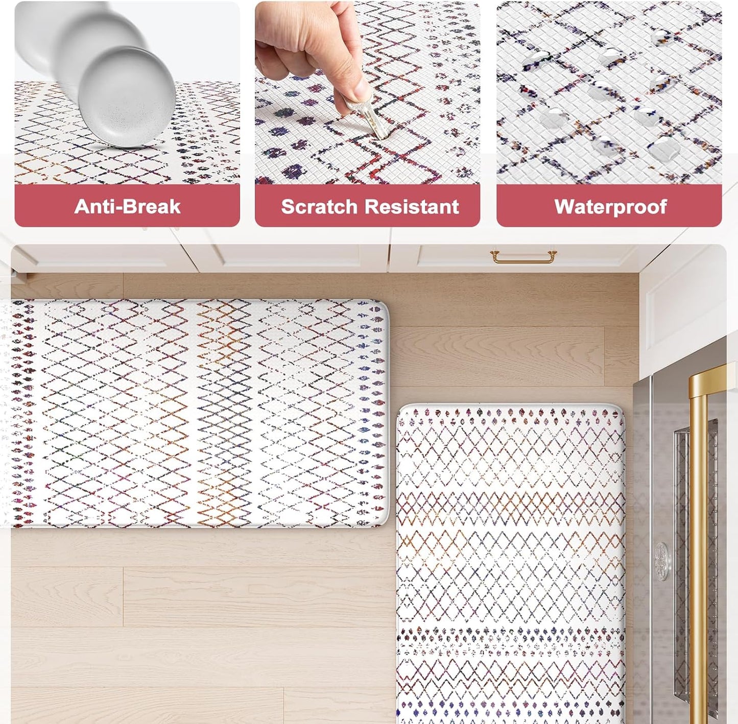 KIMODE Kitchen Mats 2PCS,Cushioned Anti Fatigue Boho Kitchen Rugs and Mats,Non Slip Waterproof Kitchen Mats for Floor,Comfort Foam Standing Desk Mat for Home,Office,Sink,Laundry,Colorful