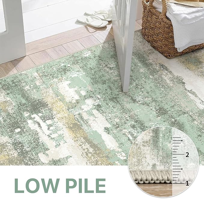 3x5 Rugs for Entryway Entrance Kitchen, Machine Washable Modern Abstract Soft Area Rug, Low Pile Indoor Floor Carpet with Non Slip Backing, Light Green/Cream