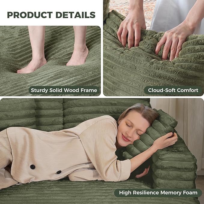 HUSFU Chaise Lounge Chair Indoor, 60'' Oversized Sleeper Sofa, Chaise Lounge Reading Chairs for w/Cup Holder and USB&Type C Port, Fluffy Plush Cloud Sofas Couches for Living Room,Set of 2,Green