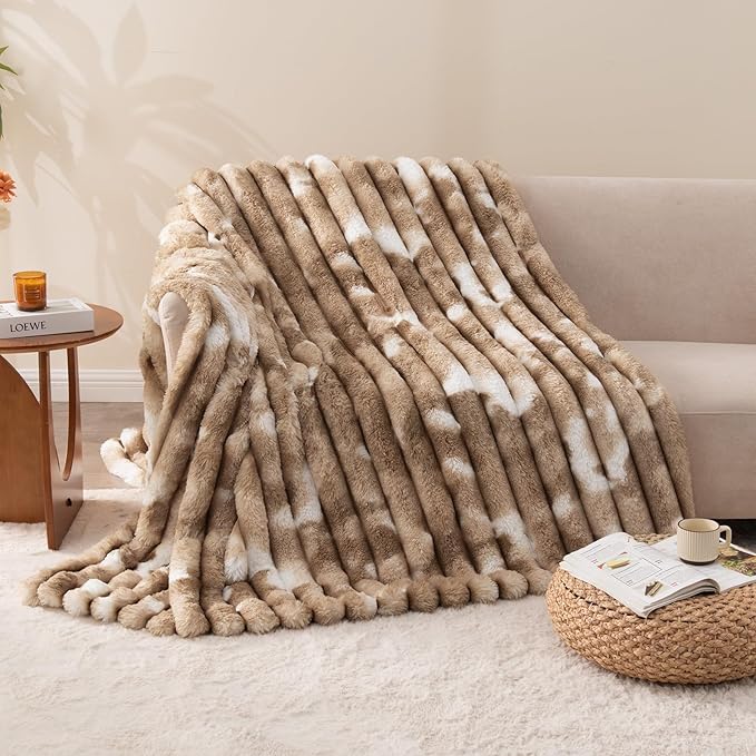 Throw Blanket for Couch - 108" x 90" Faux Rabbit Fur Throw Blanket Cozy Soft Warm Blankets for Bed Sofa Bedroom Living Room Fluffy Striped Blankets for Fall Winter, Home Decor, Brown