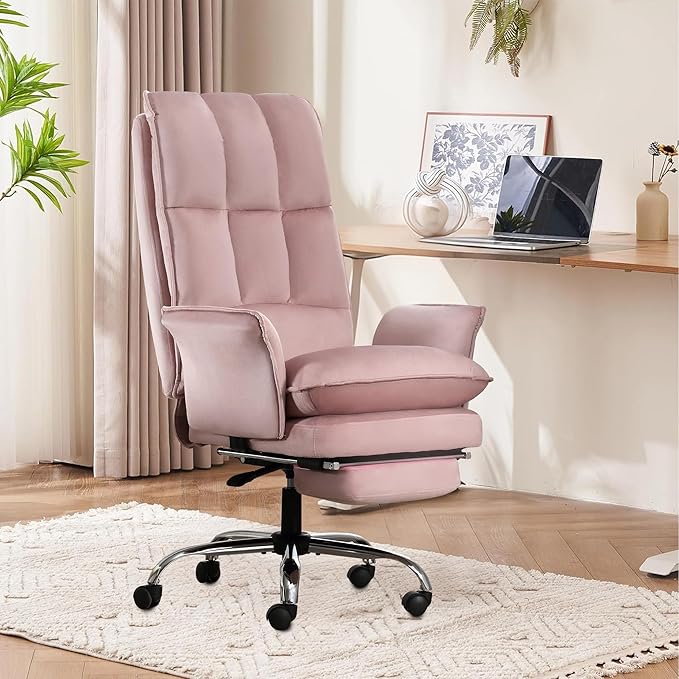 Office Chair, Modern Home Office Desk Chairs with Wheels and Retractable Footrest, Adjustable Backrest Velvet High Back Office Chair, Computer Chairs for Bedroom (Light Pink)