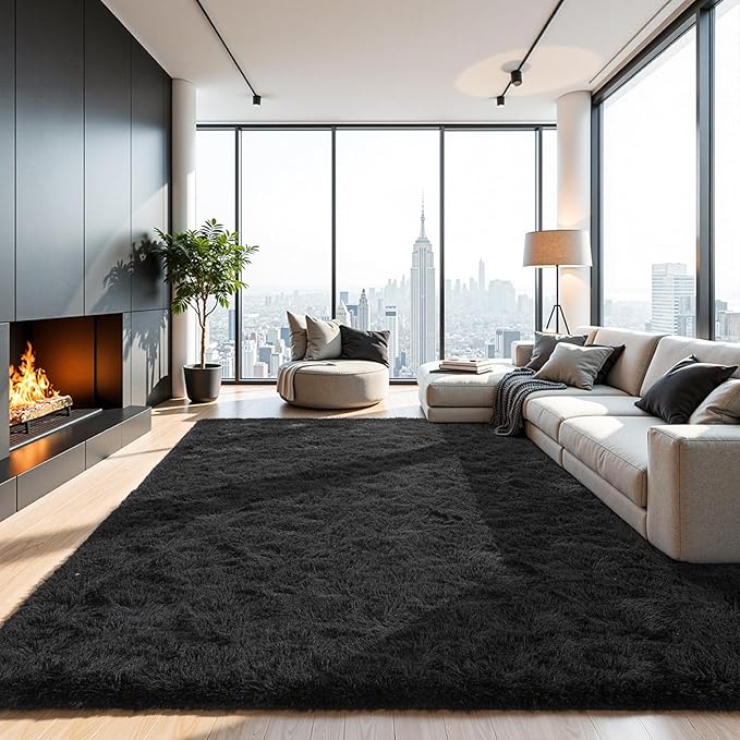 5x7 Black Fluffy Area Rugs for Bedroom, Soft Indoor Plush Rug for Living Room, Large Furry Fuzzy Shag Floor Carpet for Kids Nursery Boys Room Dorm Classroom Home Office Decor Mat