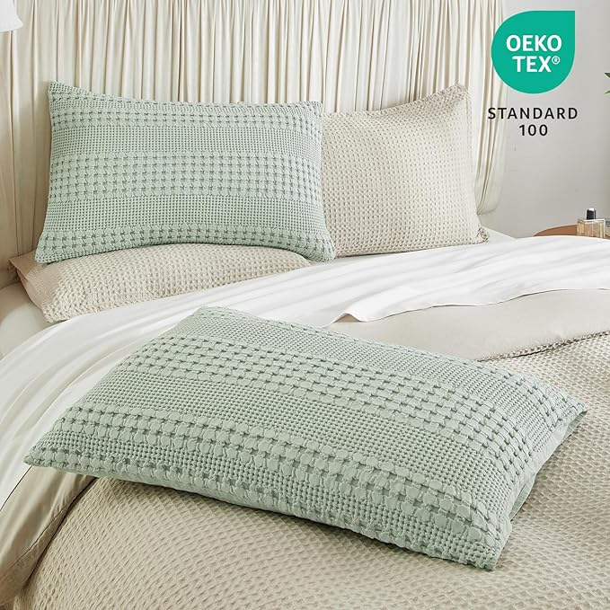 PHF 100% Cotton Waffle Pillow Shams Queen Size, 2 Pack 20" x 30" Soft Skin-Friendly Pillowcases, No Filling, Aesthetic Woven and Breathable Waffle Weave Pillow Case Covers for Bed, Sage Green
