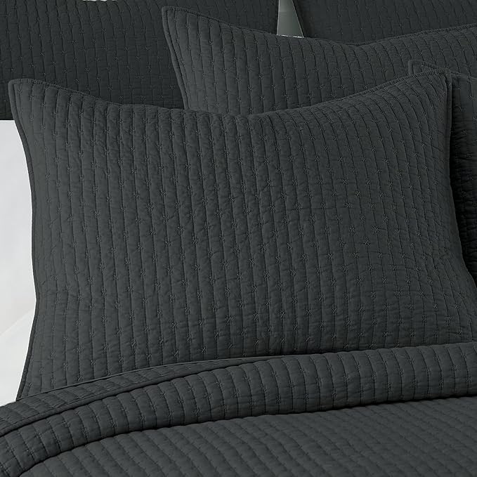 Levtex Home Cross Stitch Reversible King/Cal King Quilt Set (106x92in) and 2 Pillow Shams (36x20in) - Stitch Texture - Charcoal - Cotton King Size Quilt Bedding Set - Lightweight Soft Pre-Washed
