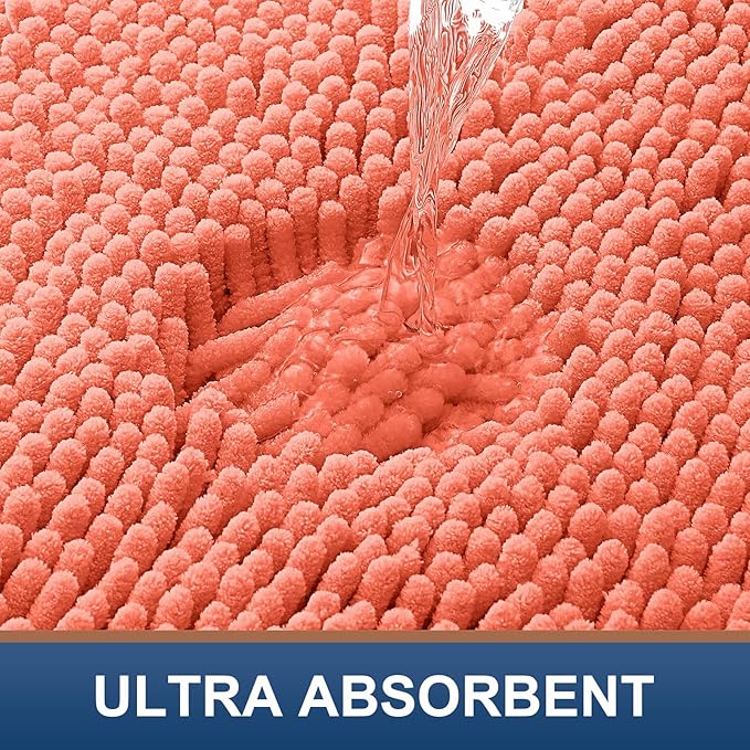 Smiry Luxury Chenille Bathroom Rugs 36x24, Extra Soft and Absorbent Shaggy Bath Mat, Machine Washable, Non-Slip Plush Carpet Runner for Tub, Shower, and Floor, Home Decor Accessories, Coral
