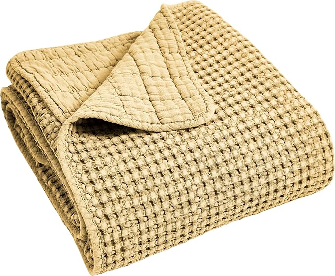 Levtex Home Mills Waffle Queen Bedspread Set (106x106in) with 2 Pillow Shams (26x20in) - Ochre - Cotton Waffle Queen Size Bedspread Set - Lightweight, Soft, Pre-Washed