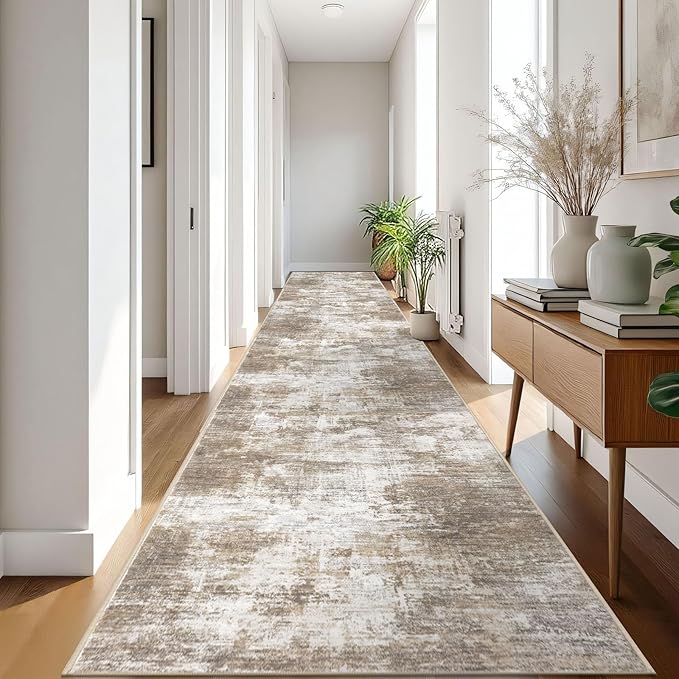 IOHOUZE Abstract Runner Rug 3x18 Ft Extra Long Washable Runners for Hallways, Non Slip Kitchen Runner Printed Faux Wool Entryway Runner Indoor, Modern Abstract Floor Carpet for Hall Stair, Beige Brown