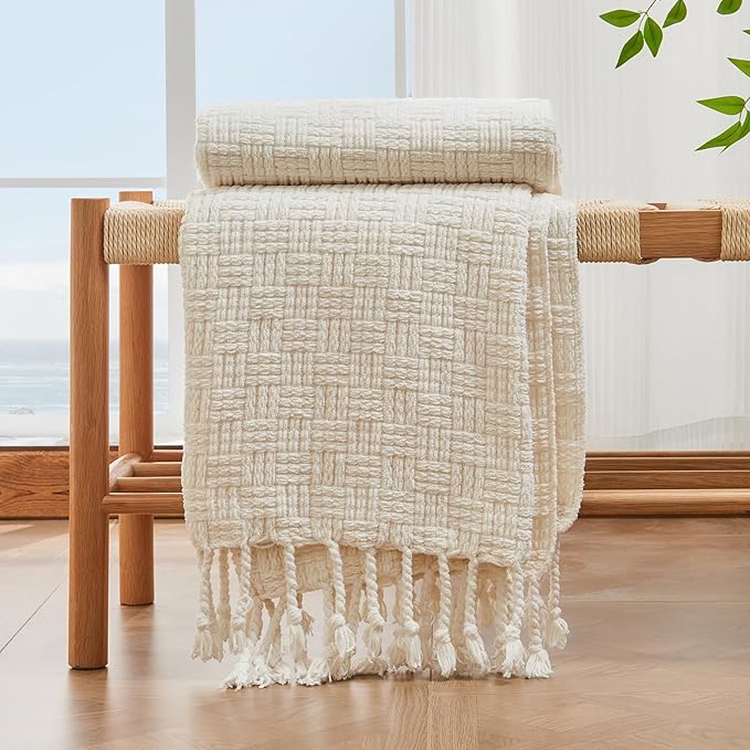 lifein Throw Blanket for Couch - Boho Throw Blanket, Knit Woven Blanket, Soft Decorative Blankets&Throws with Tassels for Bed,Sofa,Chair,Home Decor (Cream, 50 * 60, Waffle)