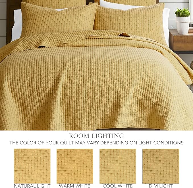 Levtex Home Cross Stitch Reversible Twin XL/Twin Quilt Set (68x86in) with 1 Pillow Sham (26x20in) - Stitch Texture - Ochre - 100% Cotton Twin Size Quilt Bedding Set - Lightweight, Soft, Pre-Washed