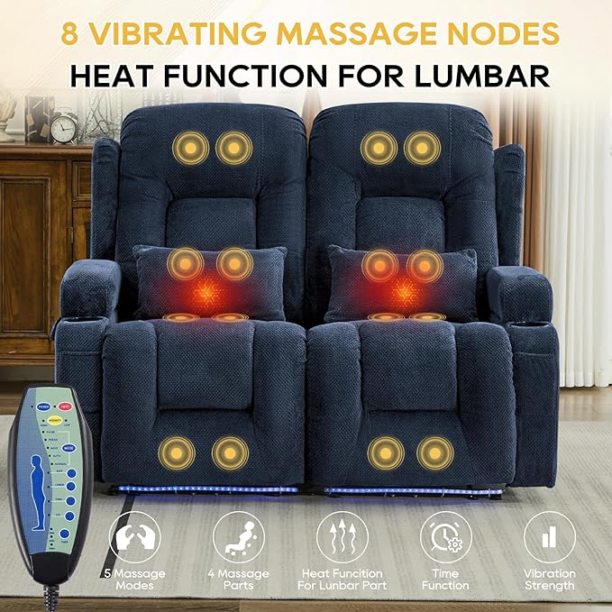 IPKIG 54" Power Reclining Loveseat Sofa, Electric Home Theater Seating with 4 Colors Ambient Lighting/USB Ports/Cup Holders for Living Room, Bedroom, Home, RVs (Navy Blue, 2 Seater)