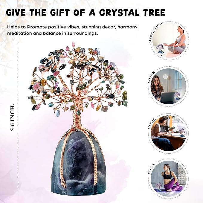 Multi Tourmaline Crystal Tree with Fluorite Rough Base Tree of Life Decor for Shelf, Bedroom, Birthday Gifts for Women, Sister Gifts, Birthday Gifts for Mom, Cute Home Decor Purple Decor Present