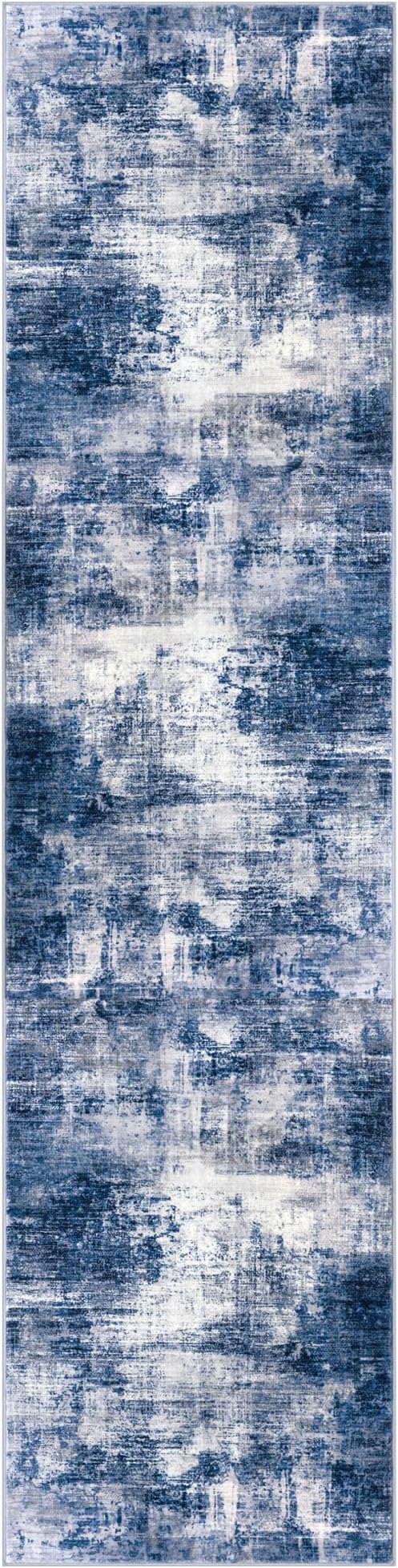 IOHOUZE Abstract Runner Rug 2x8 Ft Washable Runners for Hallways, Non Slip Kitchen Runner Printed Faux Wool Entryway Runner Indoor, Modern Abstract Floor Carpet for Hall Kitchen Bedroom, Navy/Grey