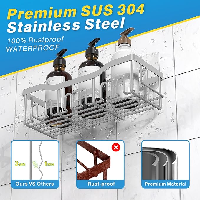 5-Pack Rustproof Stainless Steel Shower Caddy Set– No Drill Adhesive Bathroom Organizer, Space-Saving Shower Shelves for Apartment Essentials, Bathroom/Kitchen Storage Home Decor-L Size