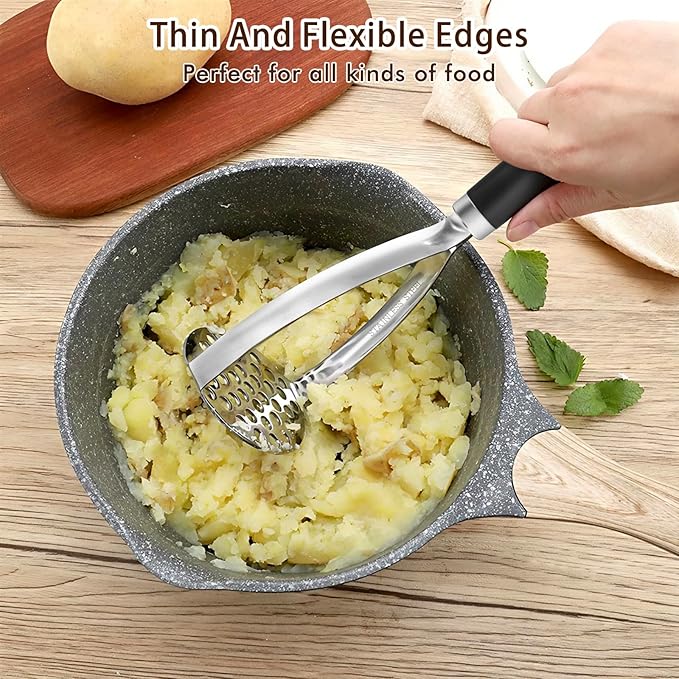 Heavy Duty Stainless Steel Potato Masher, Sturdy Metal Potato Smasher with Silicone Handle, High Heat Resistant Cooking Utensils for Kitchen Use, Dishwasher Safe, Easy to Clean, Silver