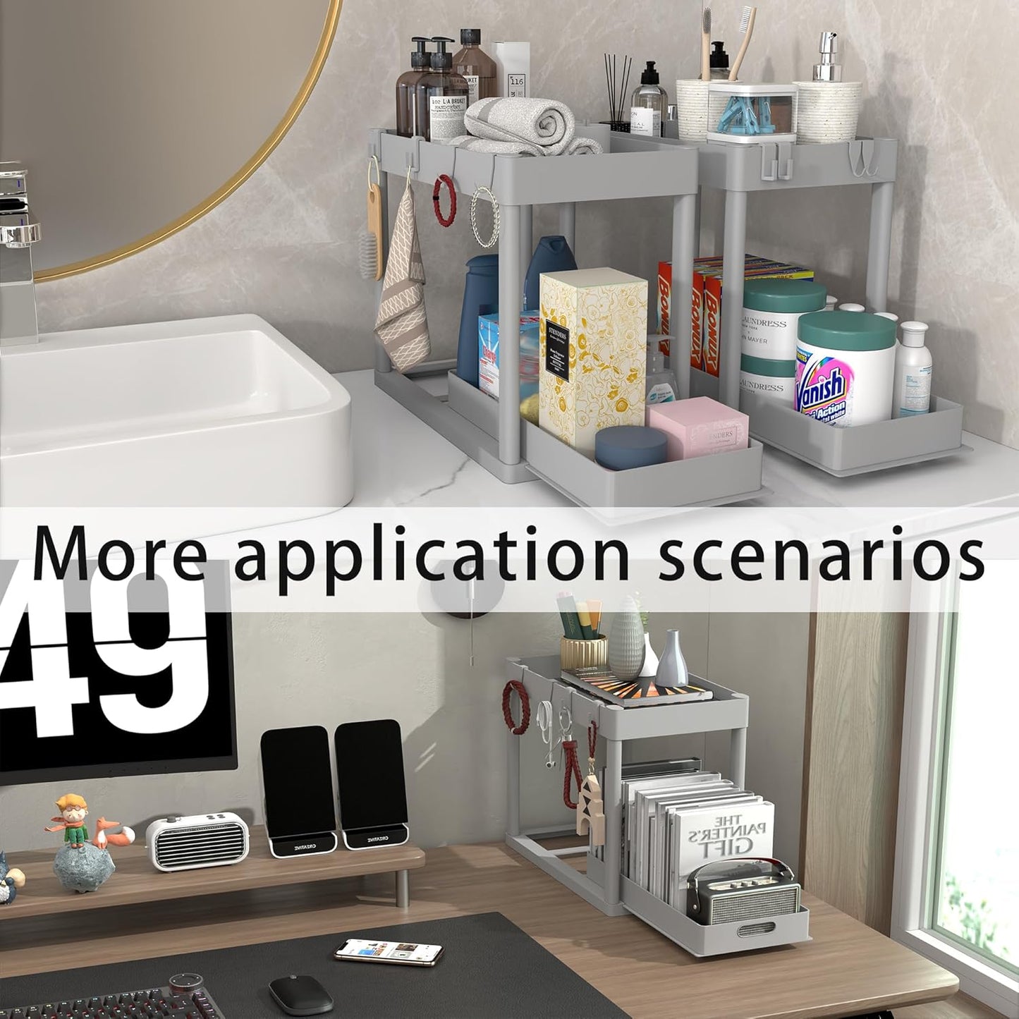 2PC Under Sink Organizer Rack 2 Tier Under Sliding Cabinet Basket Organizer Drawer with 4 Hooks, Multi-purpose Under Sink Storage for Bathroom Kitchen Desktop(Grey)