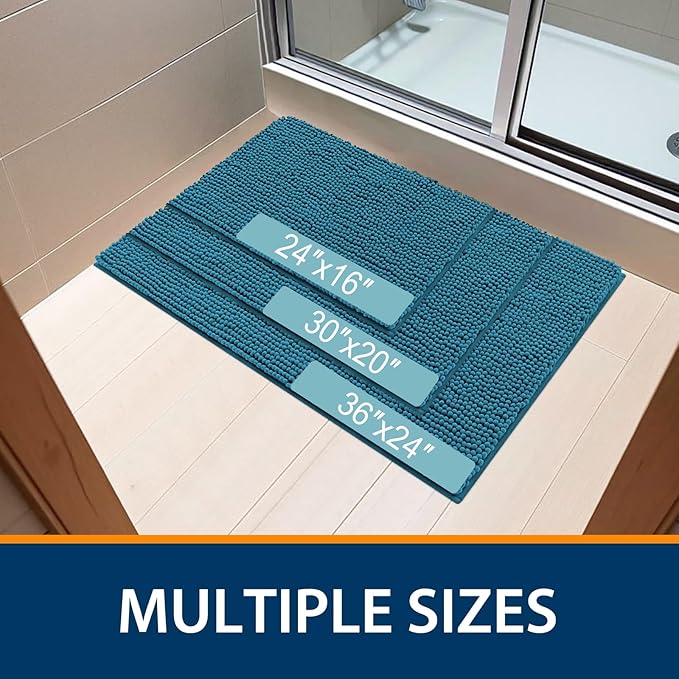 Smiry Luxury Chenille Bathroom Rugs 30x20, Extra Soft and Absorbent Shaggy Bath Mat, Machine Washable, Non-Slip Plush Carpet Runner for Tub, Shower, and Floor, Home Decor Accessories, Peacock Blue