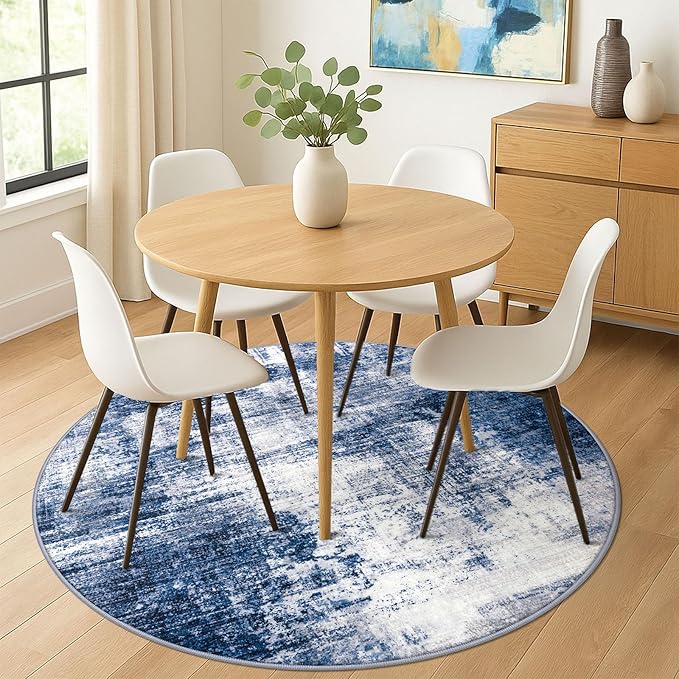 IOHOUZE Abstract Round Area Rug 6 Ft Washable Circle Rugs Large Round Rug Non Slip Thin Soft Circle Rugs, Printed Faux Wool Floor Carpet for Bedroom Living Room Dining Room Nursery, Navy/Grey