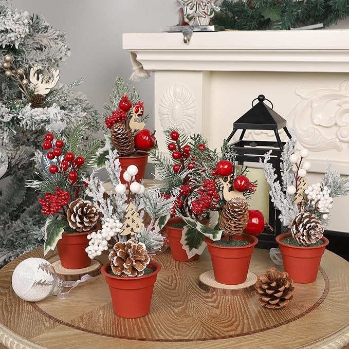 winemana Mini Christmas Tree Table Decorations, 6 Pcs Small Artificial Tree with Pine Cones & Red Berry, Holiday Tabletop Centerpiece for Home Kitchen Room Mantel Winter Party Decor