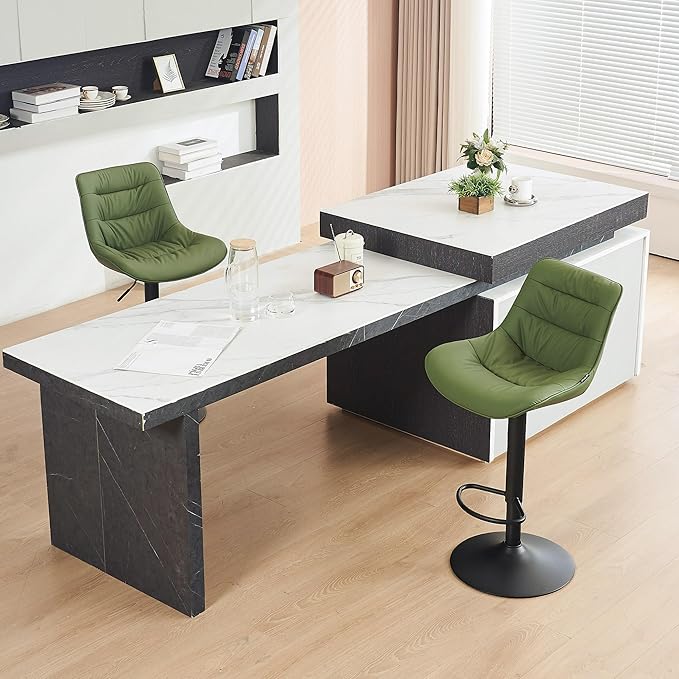 Kidol & Shellder Bar Stools Set of 2 Adjustable Swivel Green, PU Leather Upholstered with Back, Modern Counter Height Stools for Kitchen Island, Home Bar