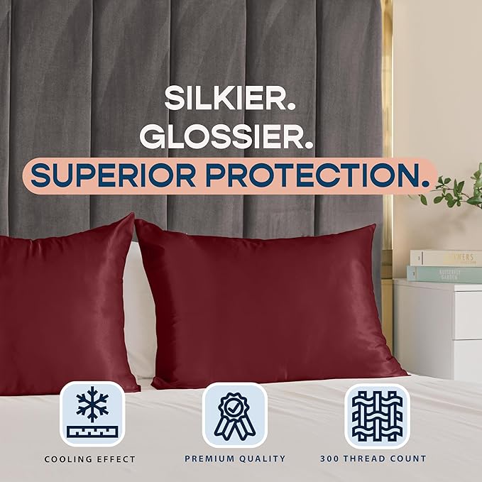 Satin Pillowcase with Zipper, for Hair and Skin Care, Feels Soft and Cool Like a Silk Pillowcase, Satin Pillow Cases 2 Pack, Slik Pillow Cover, Burgundy, Queen, Set of 2