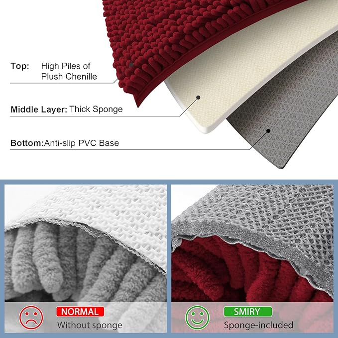 Smiry Luxury Chenille Bathroom Rugs 30x20, Extra Soft and Absorbent Shaggy Bath Mat, Machine Washable, Non-Slip Plush Carpet Runner for Tub, Shower, and Floor, Home Decor Accessories, Red