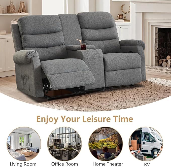 Loveseat Reclining Sofa, Home Theater Seating with Center Console, RV Recliner Sofa with Cup Holders and Pockets, Manual Double Seater Recliner for Living Room, Motor Home (Linen Grey)