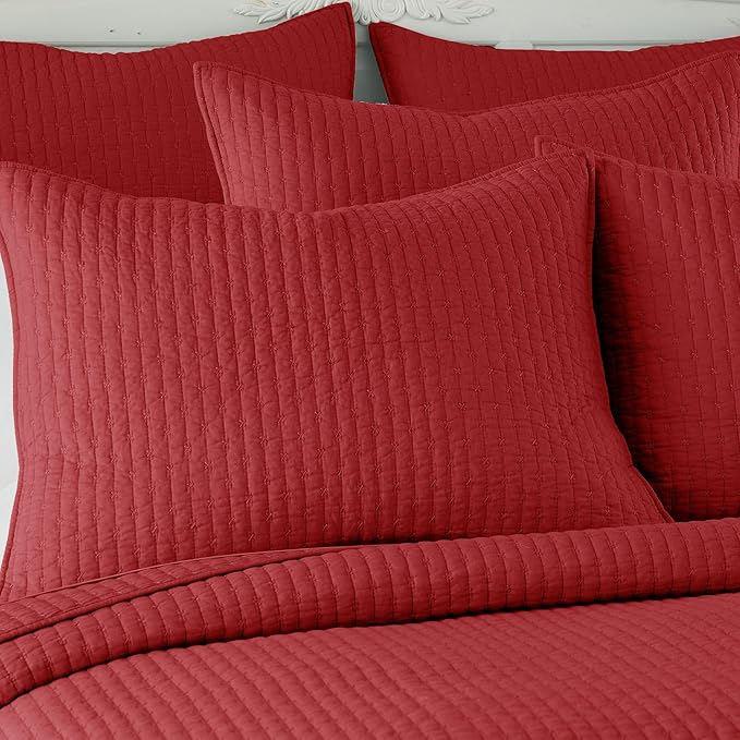 Levtex Home Cross Stitch Reversible Queen Bedspread Set (104x106in) with 2 Pillow Shams (26x20in) - Stitch Texture - Chile Red - Cotton Queen Size Bedspread Set - Lightweight, Soft, Pre-Washed
