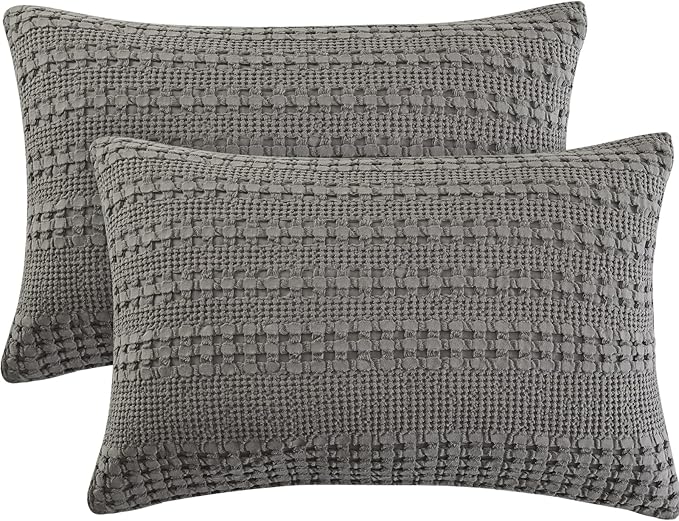 PHF 100% Cotton Waffle Pillow Shams Queen Size, 2 Pack 20" x 30" Soft Skin-Friendly Pillowcases, No Filling, Aesthetic Woven and Breathable Waffle Weave Pillow Case Covers for Bed, Dark Grey