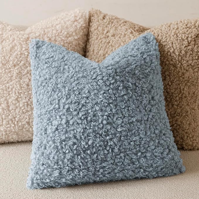Foindtower Set of 2 Curly Teddy Wool Pillow Covers Decorative Boucle Textured Lumbar Throw Pillow Faux Fur Sherpa Pillowcases Sheepskin Fuzzy Cushion Case for Sofa Bedroom Car 12"x20" Misty Blue