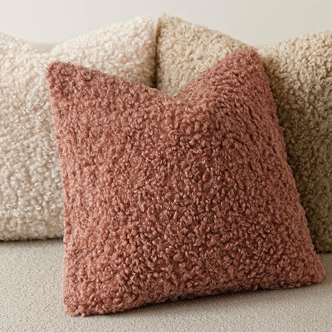 Foindtower Set of 2 Curly Teddy Wool Pillow Covers Decorative Boucle Textured Lumbar Throw Pillow Faux Fur Sherpa Pillowcases Sheepskin Fuzzy Cushion Case for Sofa Bedroom Car 12"x20" Dusty Pink