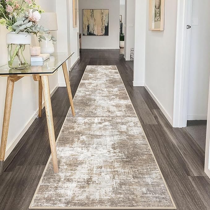 IOHOUZE Abstract Runner Rug 2x10 Ft Washable Runners for Hallways, Non Slip Kitchen Runner Printed Faux Wool Entryway Runner Indoor, Modern Abstract Floor Carpet for Hall Kitchen, Beige Brown