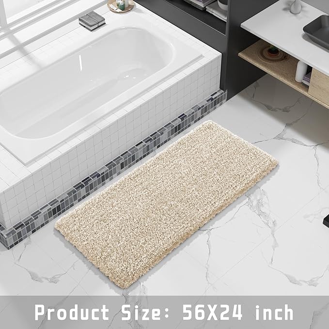Yimobra Luxury Bathroom Rugs, Fluffy Bath Mats, Non Slip, Water Absorbent Microfiber, Machine Washable, Plush Runner Shower Rugs, Thick Matts for Bathroom Floor/Tub, 56"x 24", Light Beige and White