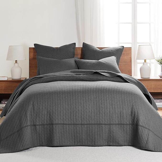 Levtex Home Cross Stitch Reversible Queen Bedspread Set (104x106in) with 2 Pillow Shams (26x20in) - Stitch Texture - Charcoal - Cotton Queen Size Bedspread Set - Lightweight, Soft, Pre-Washed