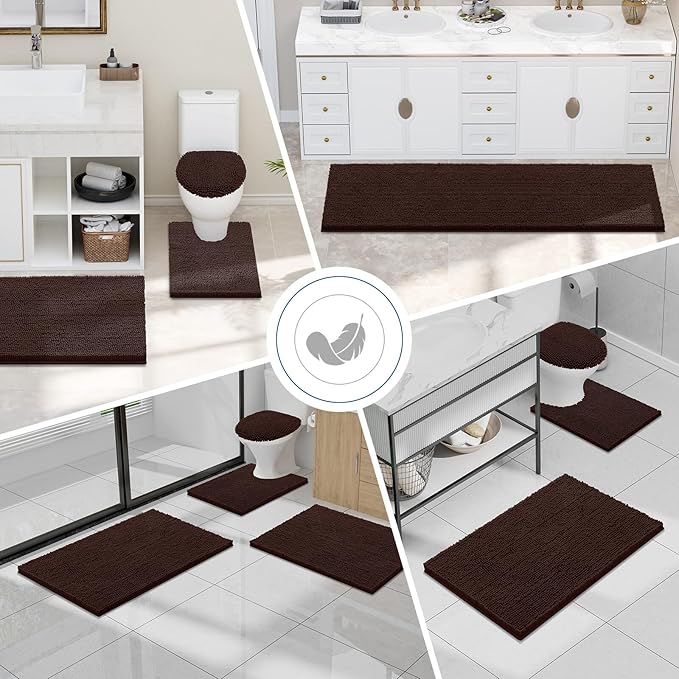 Smiry Luxury Chenille Bathroom Rugs 34x21, Extra Soft and Absorbent Shaggy Bath Mat, Machine Washable, Non-Slip Plush Carpet Runner for Tub, Shower, and Floor, Home Decor Accessories, Brown