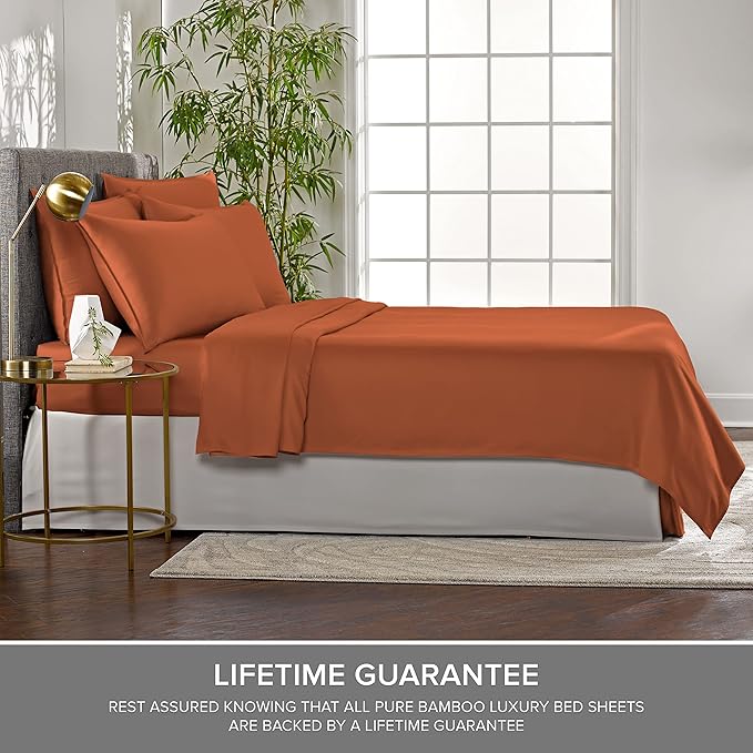 Split King Sheets by Pure Bamboo, Genuine 100% Organic Viscose Derived from Bamboo Bed Sheet Set, Soft & Cooling, Double Stitching *Not for Split Top (Split King, Terracotta)