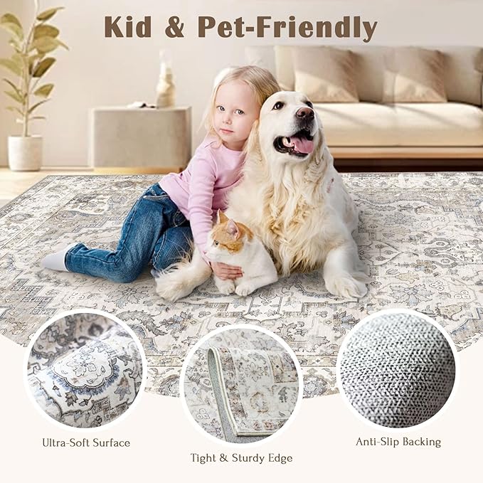 3x5 Washable Area Rug - Small Entryway Rug Non-Slip Cream Vintage Oriental Kitchen Rugs Low Pile Boho Carpet Throw Rugs for Living Room Bedroom Bathroom Entrance Dorm Office Home Decor