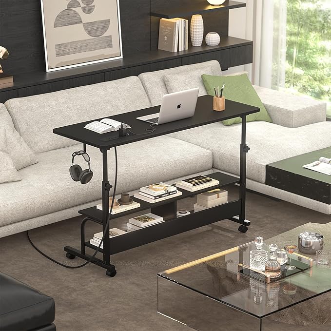 Armocity Height Adjustable Standing Desk with Power Outlets, 47" Manual Stand Up Desk with Storage Shelves Small Mobile Rolling Computer Desk Portable Laptop Table with Wheels for Home Office, Black